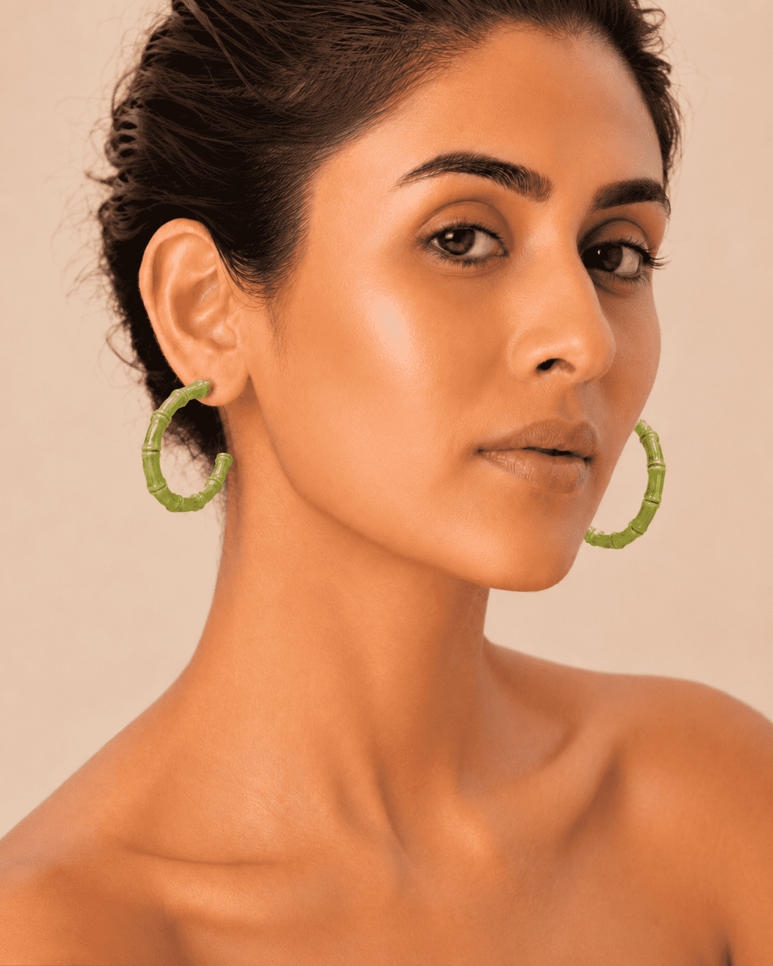 The Matcha Latte Bamboo Hoops — Gold Plated Matcha Bamboo Hoop Earrings by House of Zena, front view