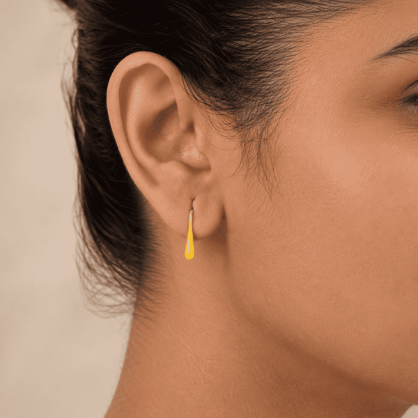 The Sunny Lemon Mini Huggies — Gold Plated Sunbeam Drop Huggie Earrings by House of Zena, front view — Anti-Tarnish Waterproof Jewellery | House of Zena