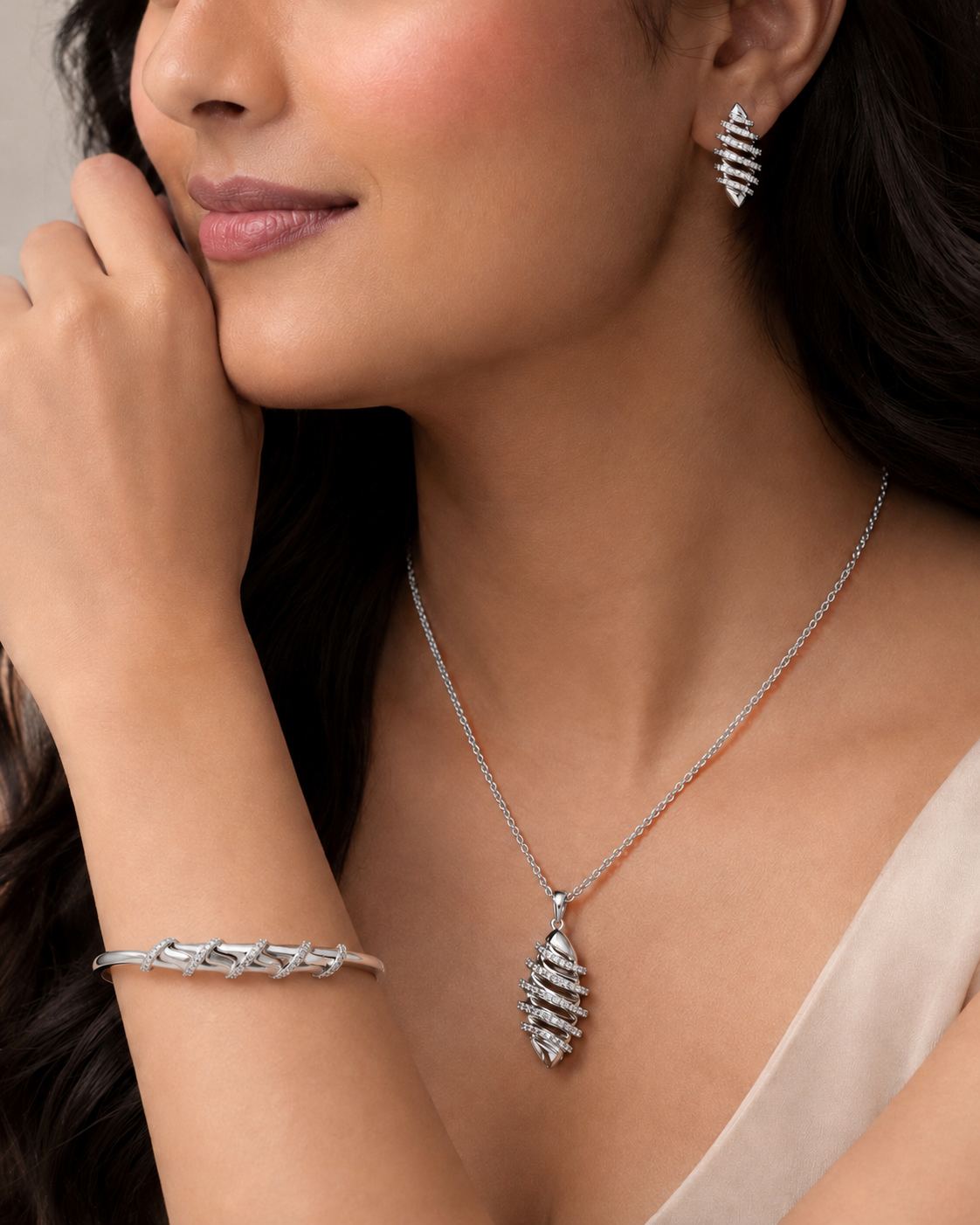 The "Rich Auntie" 3-Piece Power Set — Silver-Tone Wave 3-Piece Jewellery Set by House of Zena, front view — Anti-Tarnish Waterproof Jewellery | House of Zena