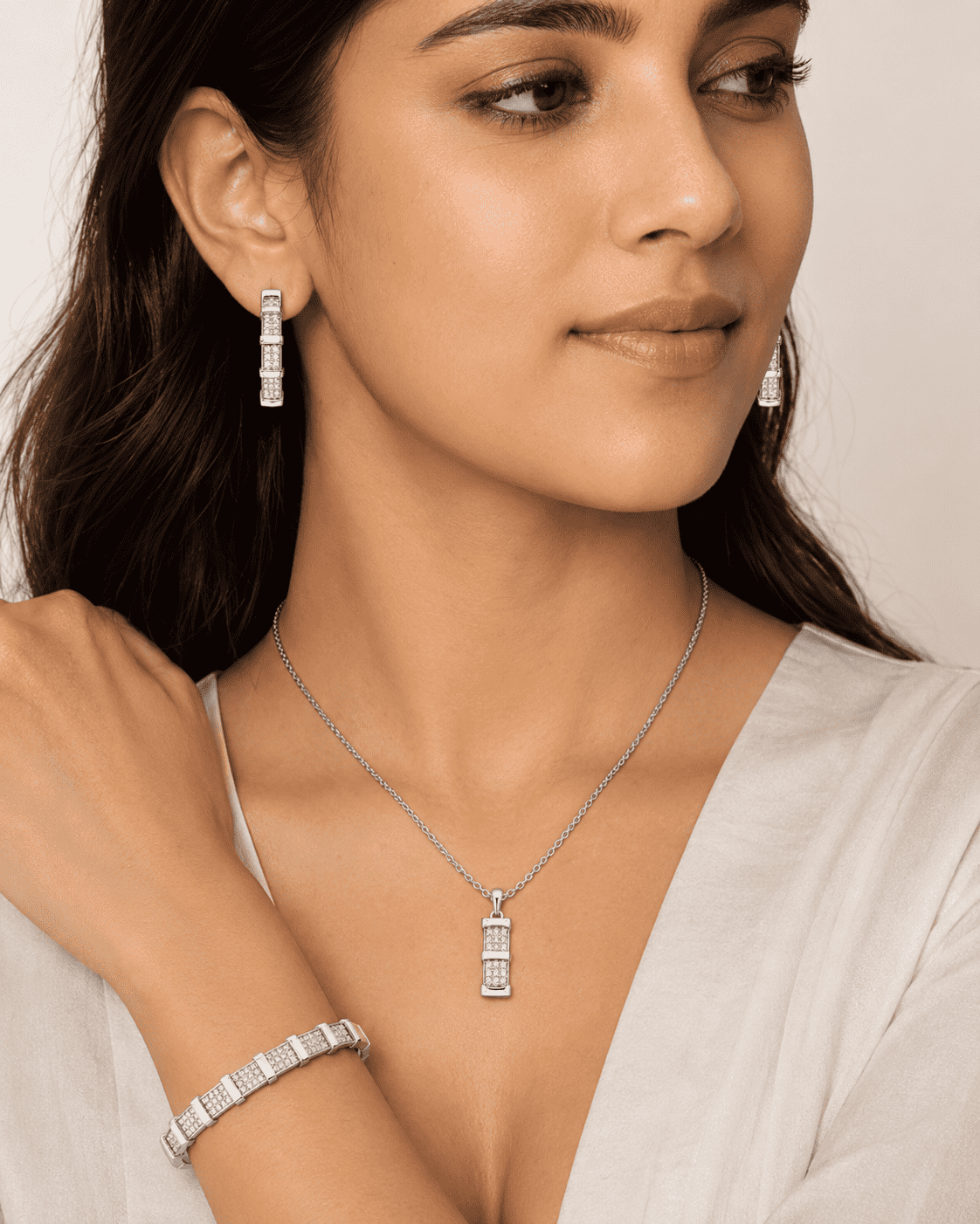 The "Out of Office" 3-Piece Power Set — Silver-Tone Grid 3-Piece Jewellery Set by House of Zena, front view