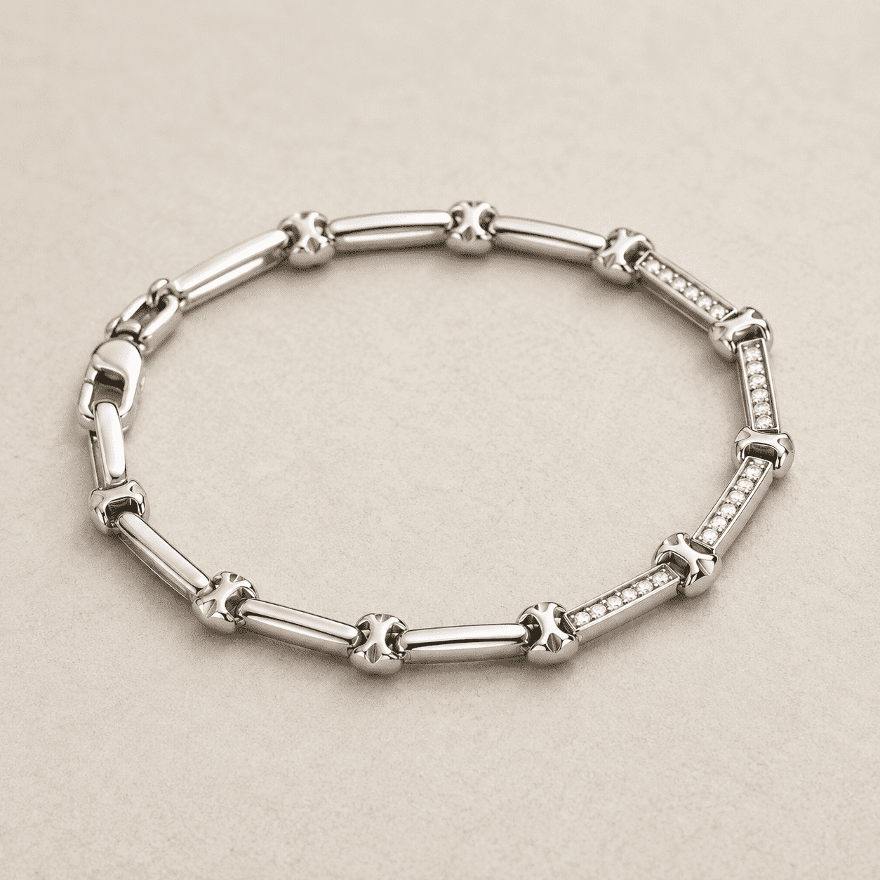 The Café Au Lait Puff Link — Silver-Tone Link Bracelet by House of Zena, styled on model — Anti-Tarnish Waterproof Jewellery | House of Zena