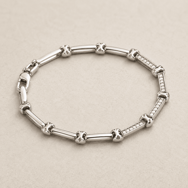 The Café Au Lait Puff Link — Silver-Tone Link Bracelet by House of Zena, styled on model — Anti-Tarnish Waterproof Jewellery | House of Zena