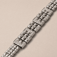 The Milanese Woven Grid Chain — Silver-Tone Grid Bracelet by House of Zena, styled on model