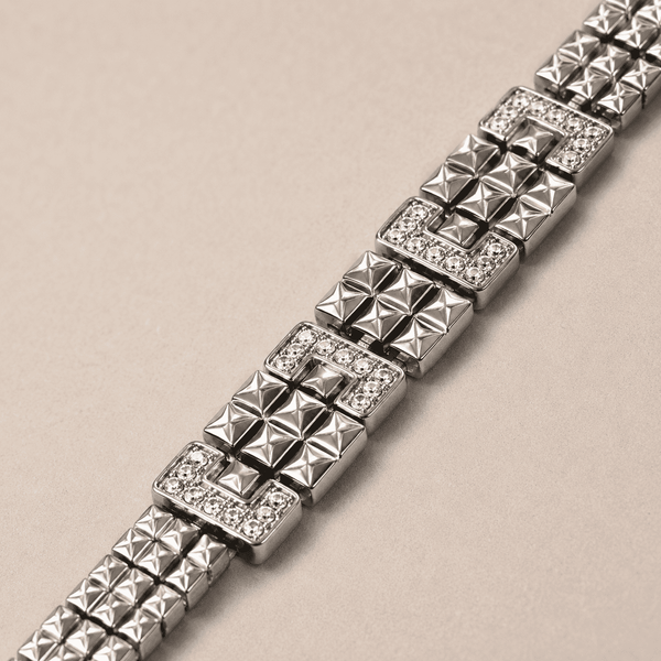 The Milanese Woven Grid Chain — Silver-Tone Grid Bracelet by House of Zena, styled on model — Anti-Tarnish Waterproof Jewellery | House of Zena