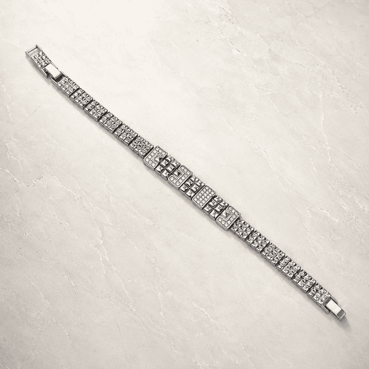 The Milanese Woven Grid Chain — Silver-Tone Grid Bracelet by House of Zena, side angle