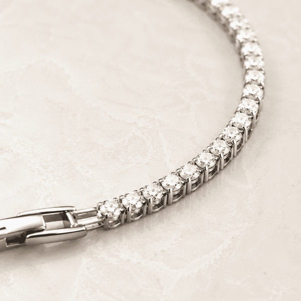 The "Skinny Dip" Tennis Bracelet — Silver-Tone Line Tennis Bracelet by House of Zena, styled on model — Anti-Tarnish Waterproof Jewellery | House of Zena