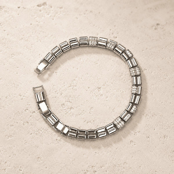 The Boardroom Siren Grid Chain — Gold Plated Grid Bracelet by House of Zena, styled on model — Anti-Tarnish Waterproof Jewellery | House of Zena