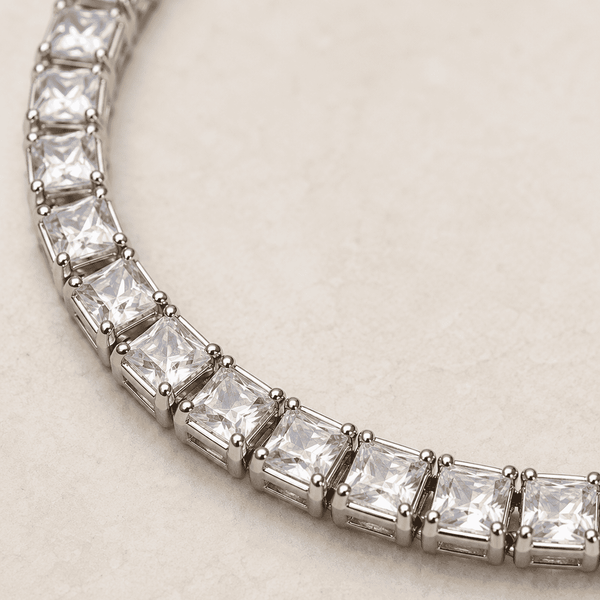 The Sugar Cube Tennis Bracelet — Gold Plated Princess Tennis Bracelet by House of Zena, styled on model — Anti-Tarnish Waterproof Jewellery | House of Zena