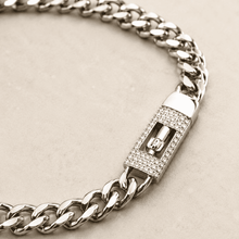 The Secret Keeper Padlock Chain — Gold Plated Lockline Cuban Bracelet by House of Zena, styled on model