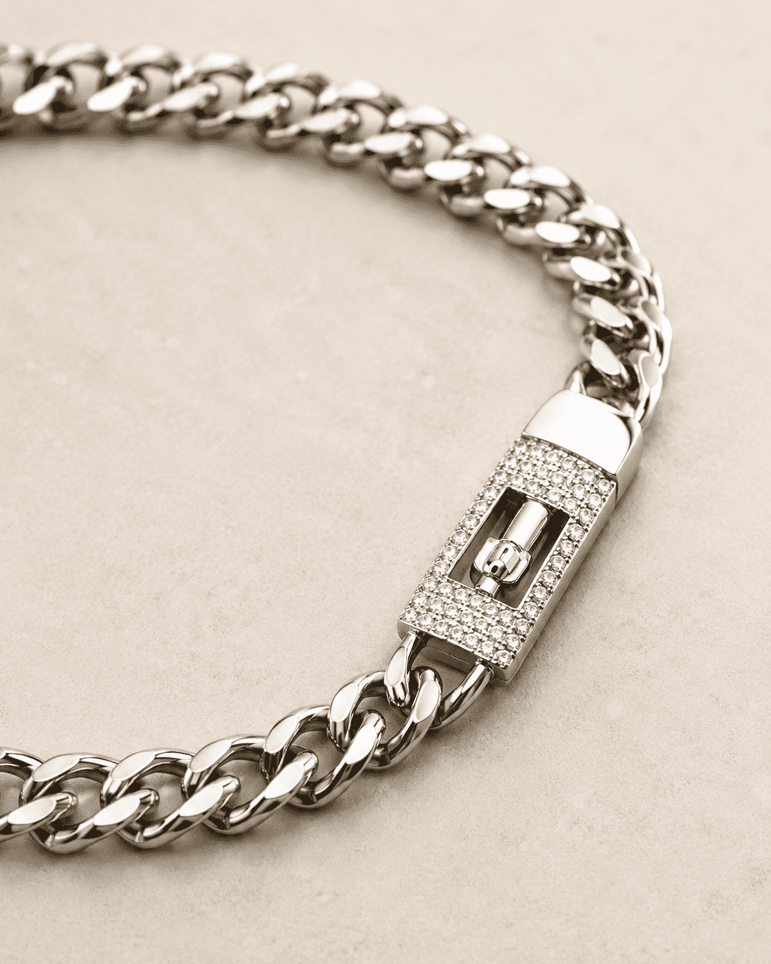 The Secret Keeper Padlock Chain — Gold Plated Lockline Cuban Bracelet by House of Zena, styled on model