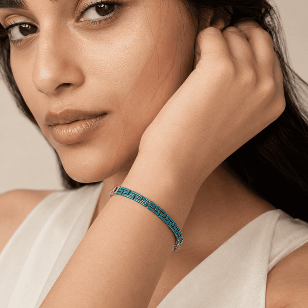 The Mykonos Blue Maze Cuff — Silver-Tone Pop Bracelet by House of Zena, front view — Anti-Tarnish Waterproof Jewellery | House of Zena