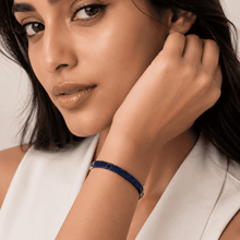 The Mykonos Blue Maze Cuff — Silver-Tone Pop Bracelet by House of Zena, worn on model