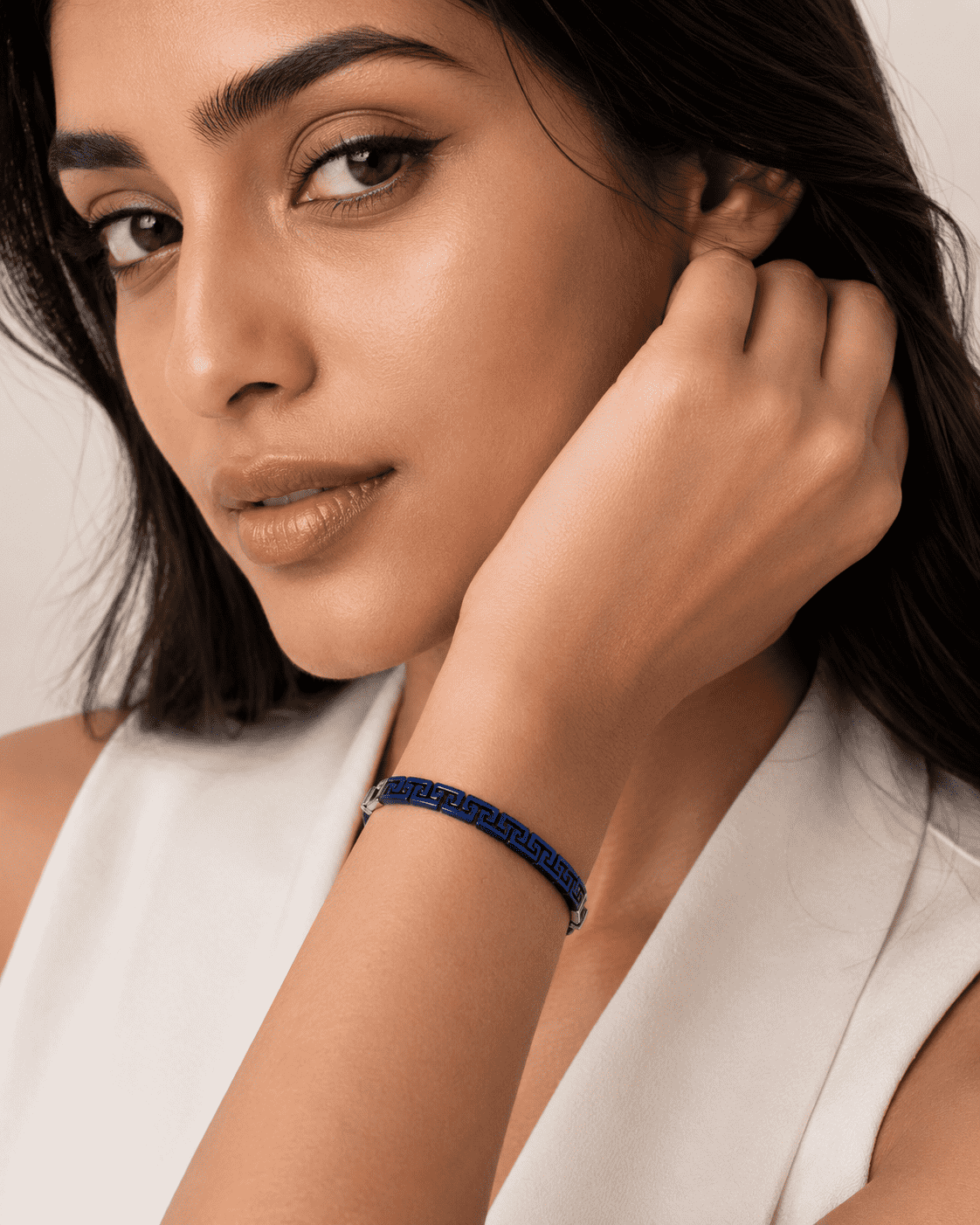 The Mykonos Blue Maze Cuff — Silver-Tone Pop Bracelet by House of Zena, worn on model