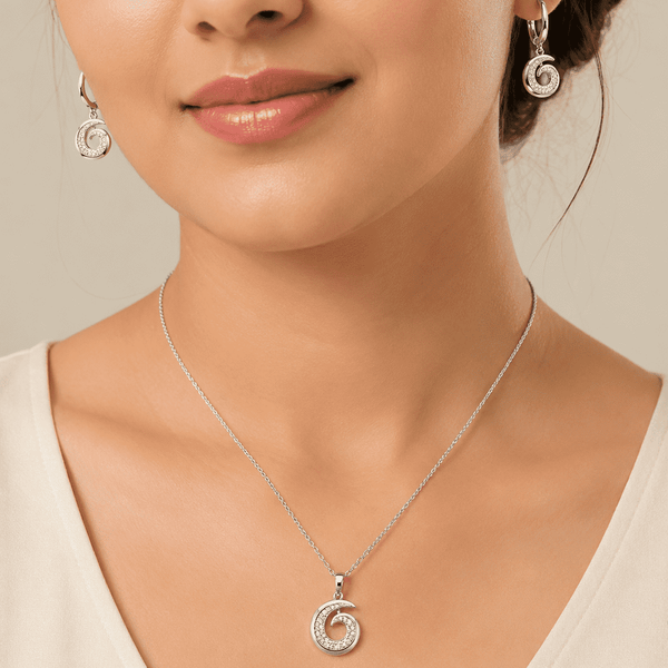 The Cinnamon Roll Spiral Set — Silver-Tone Spiral Pendant Set by House of Zena, front view — Anti-Tarnish Waterproof Jewellery | House of Zena
