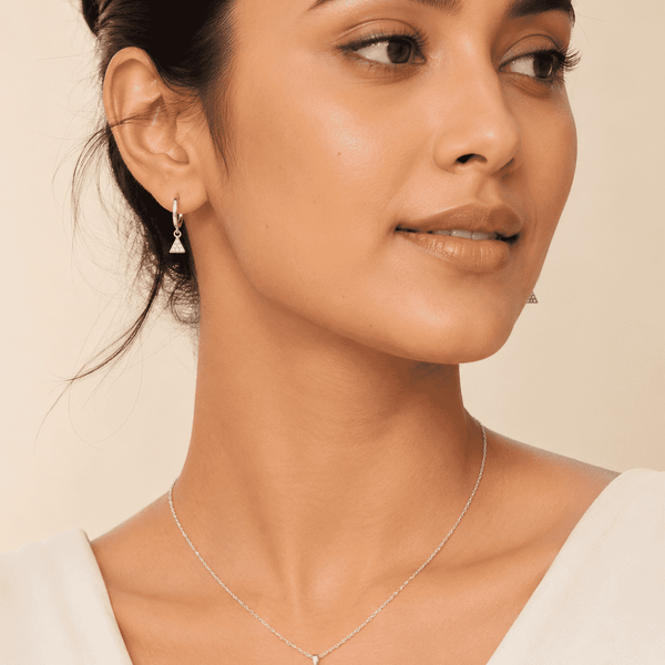 The Art Deco Geometric Set — Silver-Tone Triangle Pendant Set by House of Zena, front view — Anti-Tarnish Waterproof Jewellery | House of Zena