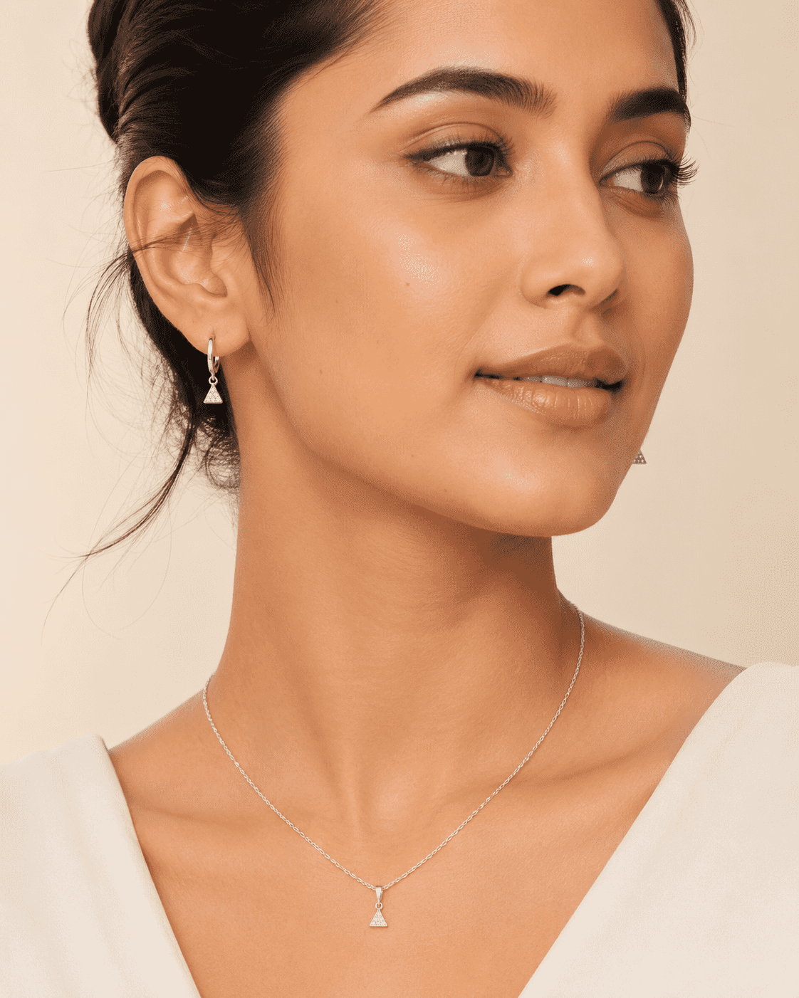The Art Deco Geometric Set — Silver-Tone Triangle Pendant Set by House of Zena, front view