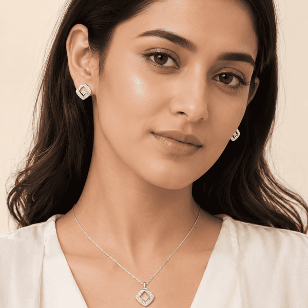 The Sugar Cube Solitaire Set — Gold Plated Square Pendant Set by House of Zena, front view — Anti-Tarnish Waterproof Jewellery | House of Zena