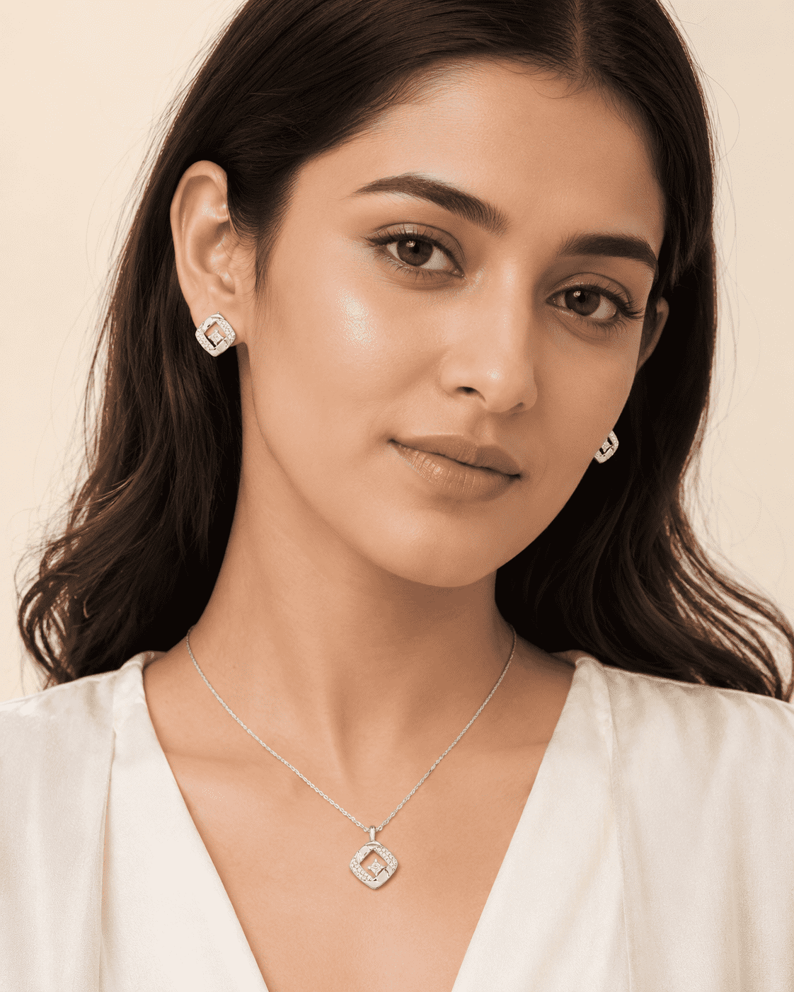 The Sugar Cube Solitaire Set — Gold Plated Square Pendant Set by House of Zena, front view