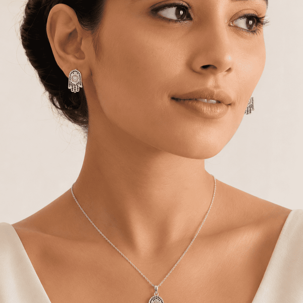 The "Good Karma Only" Hamsa Set — Silver-Tone Hamsa Pendant Set by House of Zena, front view — Anti-Tarnish Waterproof Jewellery | House of Zena
