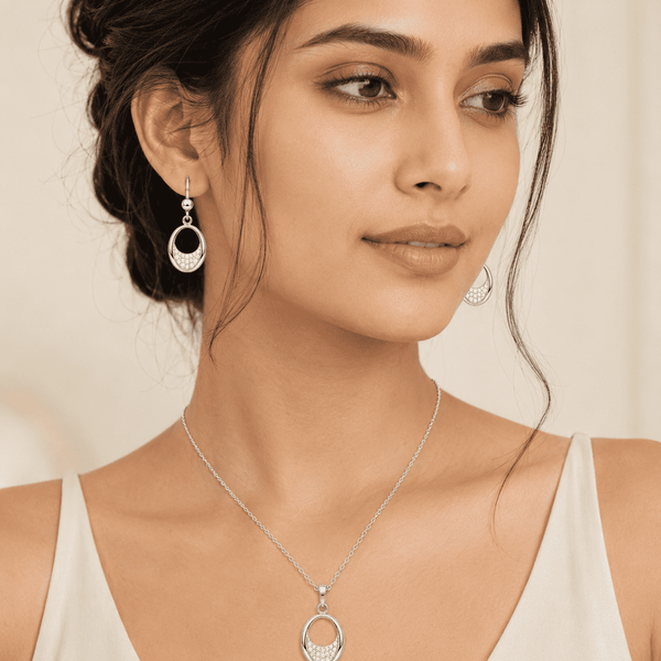 The Almond Truffle Solitaire Set — Silver-Tone Oval Pendant Set by House of Zena, front view — Anti-Tarnish Waterproof Jewellery | House of Zena