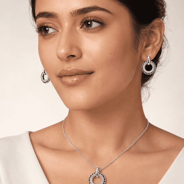 The Black Truffle Midnight Set — Silver-Tone Halo Pendant Set by House of Zena, front view — Anti-Tarnish Waterproof Jewellery | House of Zena