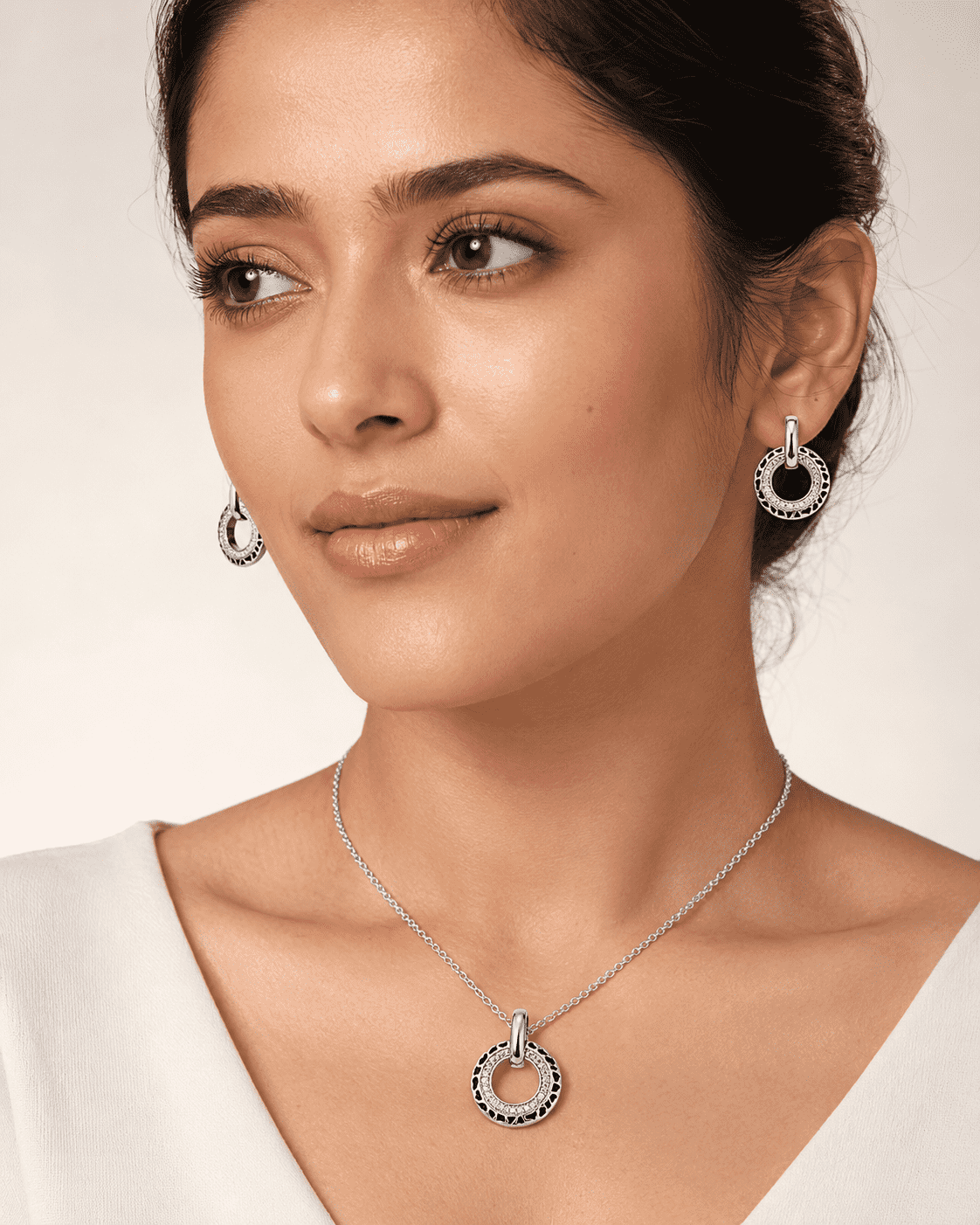 The Black Truffle Midnight Set — Silver-Tone Halo Pendant Set by House of Zena, front view