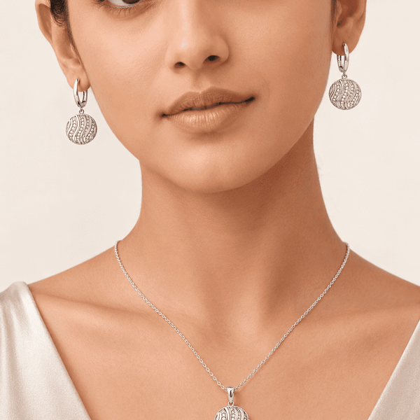 The Golden Hour Ripple Set — Silver-Tone Wave Pendant Set by House of Zena, front view — Anti-Tarnish Waterproof Jewellery | House of Zena