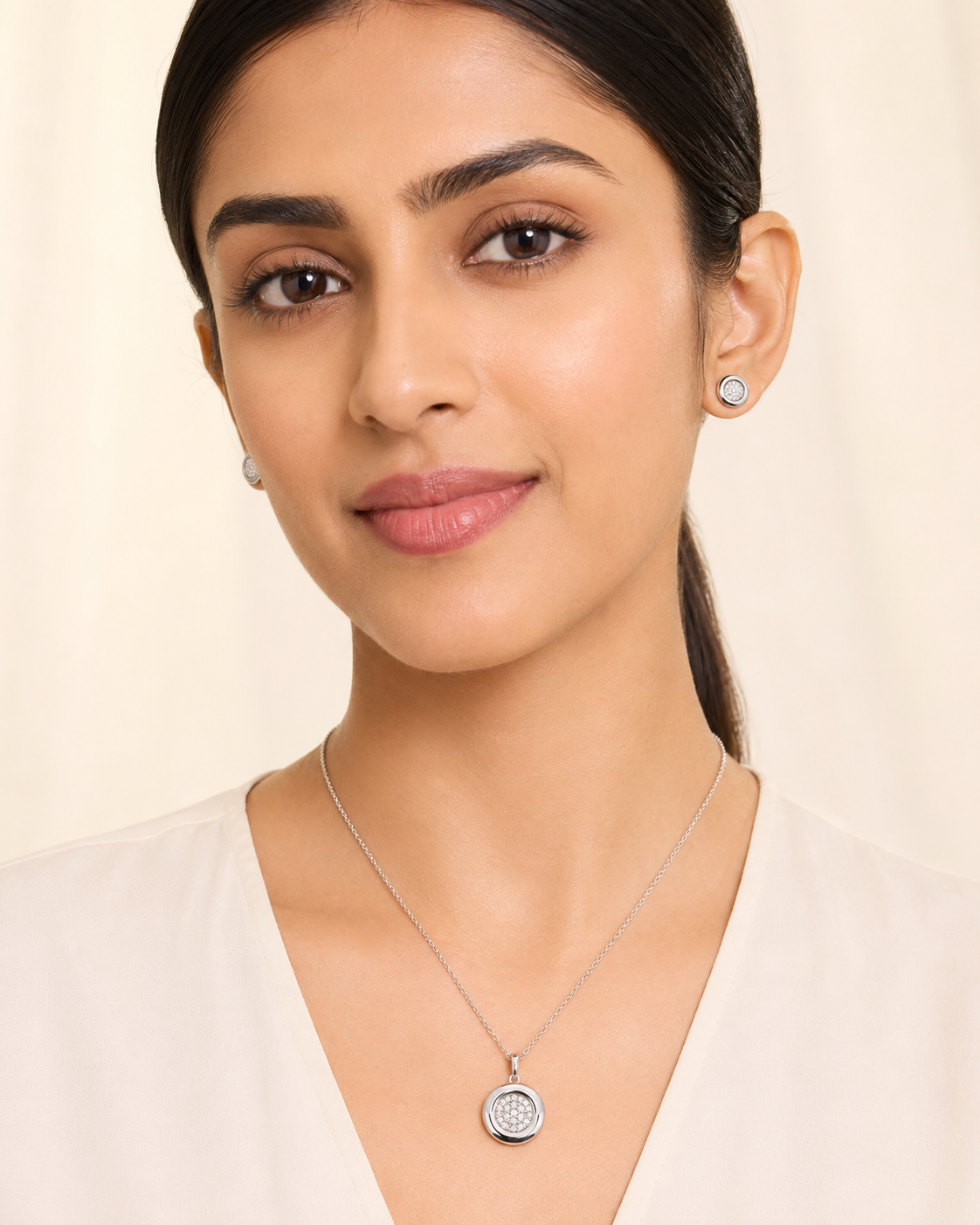 The Mooncake Pearl Glow Set — Silver-Tone Glow Pendant Set by House of Zena, front view — Anti-Tarnish Waterproof Jewellery | House of Zena