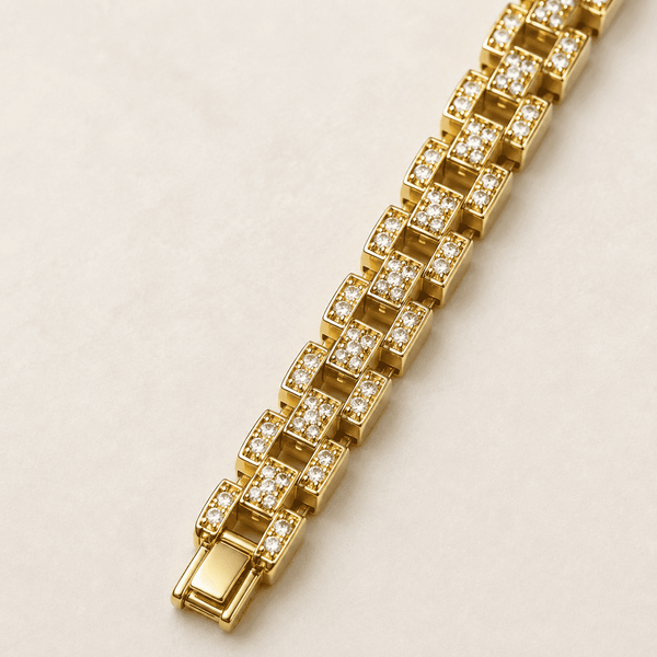 The 9-to-5 Paperclip Chain (Gold) — Gold Plated Link Bracelet by House of Zena, styled on model — Anti-Tarnish Waterproof Jewellery | House of Zena