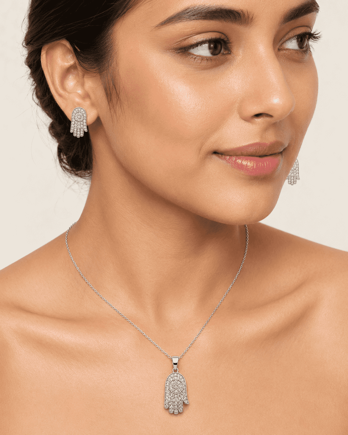 The "Holy Grail" Protection Set — Gold Plated Hamsa Pendant Set by House of Zena, front view
