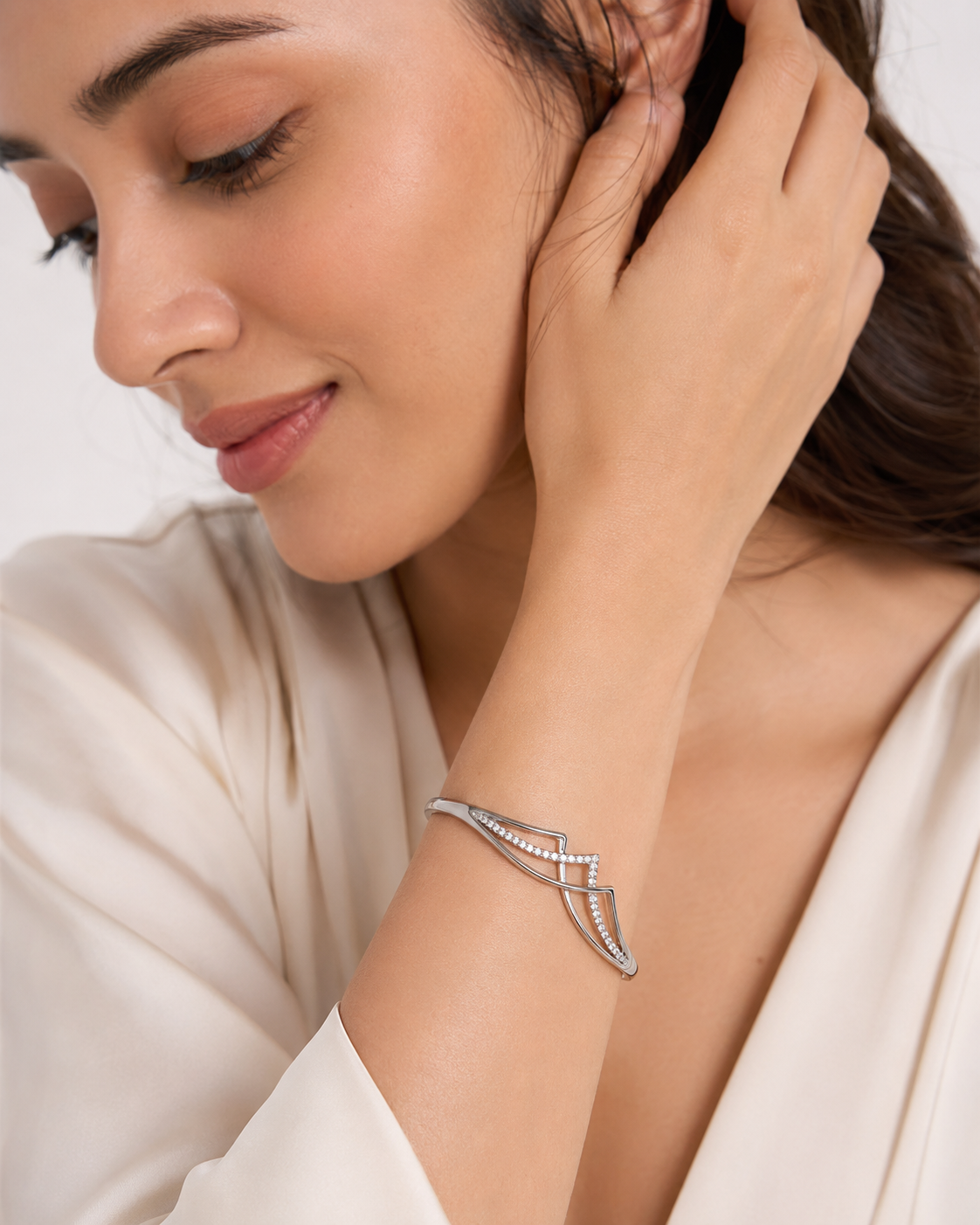The Liquid Gold Contour Cuff — Silver-Tone Curve Bangle by House of Zena, front view — Anti-Tarnish Waterproof Jewellery | House of Zena