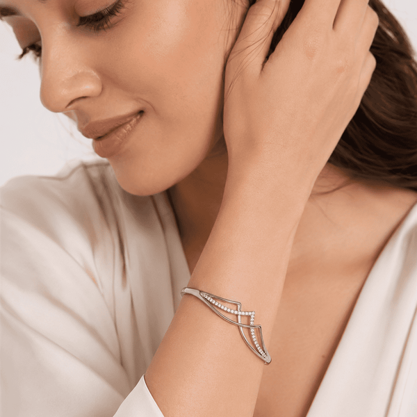 The Liquid Gold Contour Cuff — Silver-Tone Curve Bangle by House of Zena, front view — Anti-Tarnish Waterproof Jewellery | House of Zena