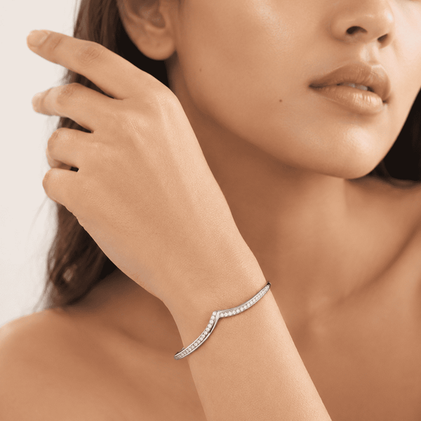 The "Kiss Me" Crisscross Bangle — Silver-Tone Twist Pavé Bangle by House of Zena, front view — Anti-Tarnish Waterproof Jewellery | House of Zena