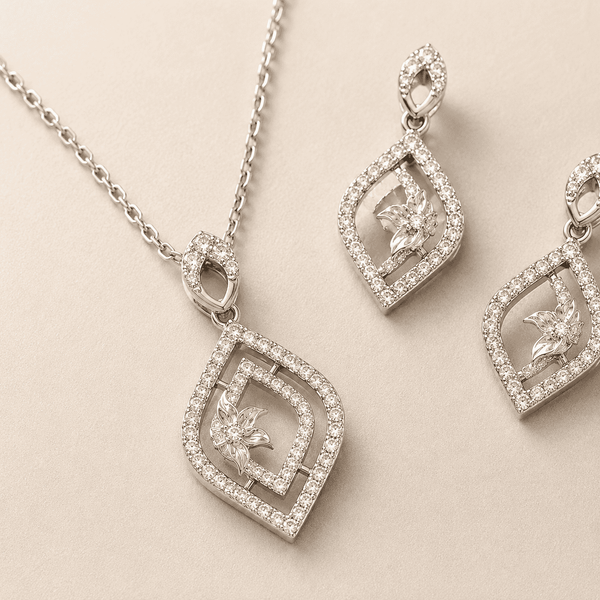 The Morning Bloom Coffee & Cake Set — Gold Plated Morning Bloom Pendant Set by House of Zena, styled on model — Anti-Tarnish Waterproof Jewellery | House of Zena