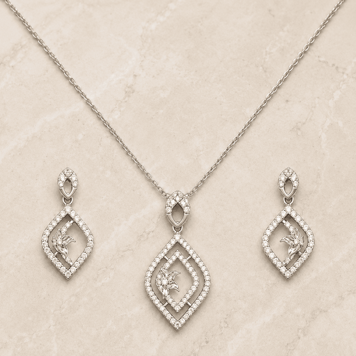 The Morning Bloom Coffee & Cake Set — Gold Plated Morning Bloom Pendant Set by House of Zena, worn on model