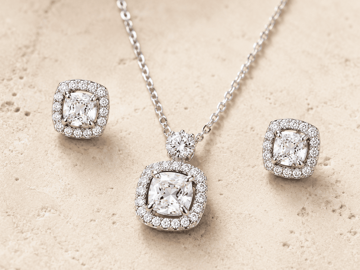 The Sunny Side Up Solitaire Set — Gold Plated Halo Pendant Set by House of Zena, styled on model