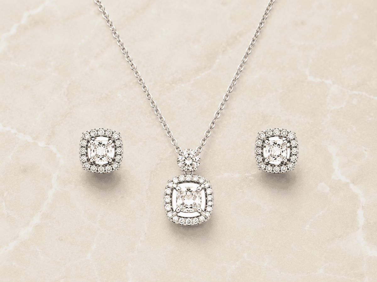 The Sunny Side Up Solitaire Set — Gold Plated Halo Pendant Set by House of Zena, worn on model