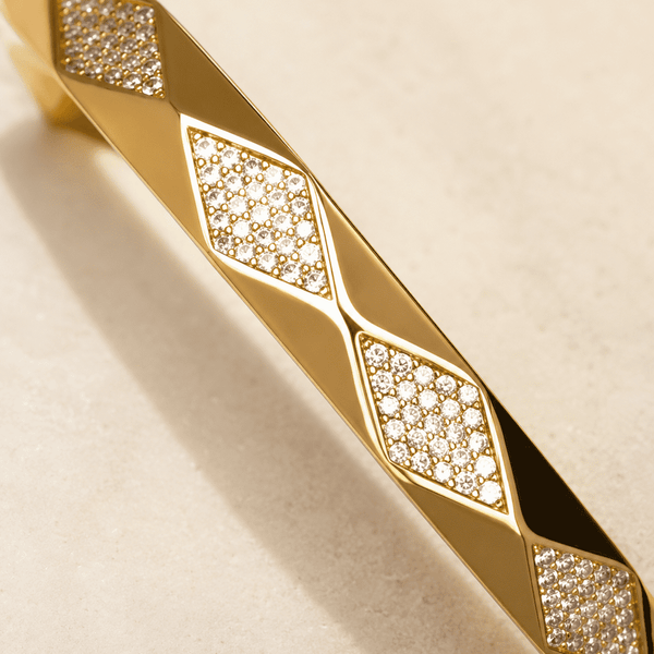 The Diamond Cut Mirror Bangle — Gold Plated Prism Bangle by House of Zena, styled on model — Anti-Tarnish Waterproof Jewellery | House of Zena