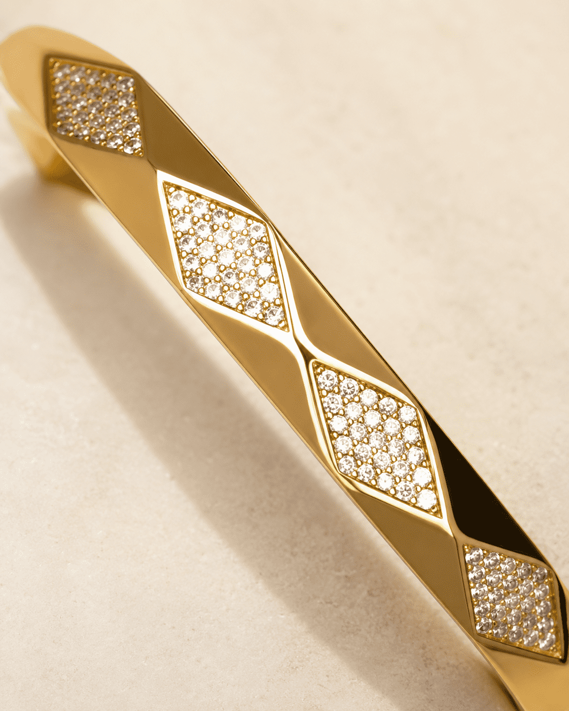 The Diamond Cut Mirror Bangle — Gold Plated Prism Bangle by House of Zena, styled on model