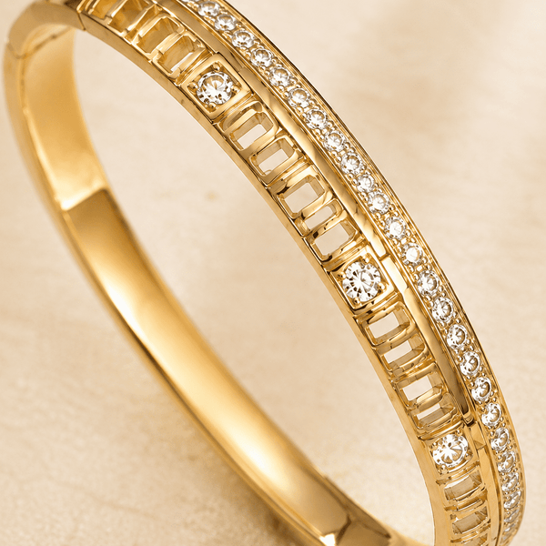 The Golden Highway Pavé Bangle — Gold Plated Golden Linea Bangle by House of Zena, styled on model — Anti-Tarnish Waterproof Jewellery | House of Zena