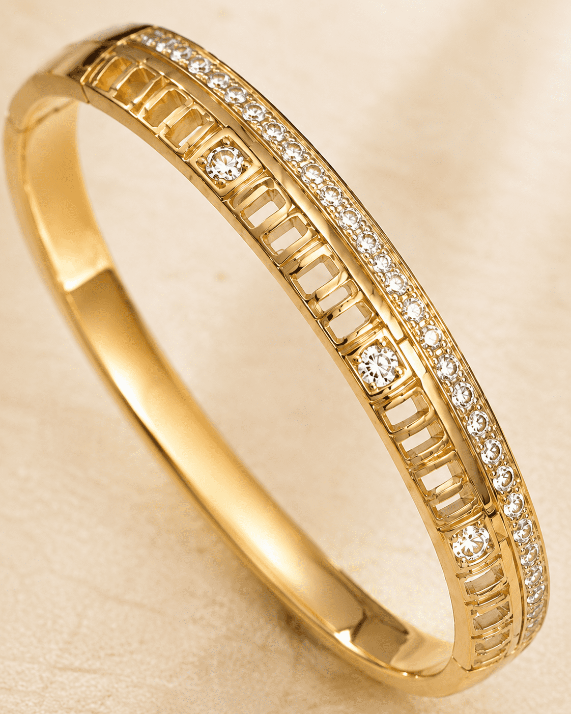 The Golden Highway Pavé Bangle — Gold Plated Golden Linea Bangle by House of Zena, styled on model