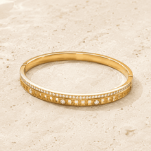 The Golden Highway Pavé Bangle — Gold Plated Golden Linea Bangle by House of Zena, worn on model