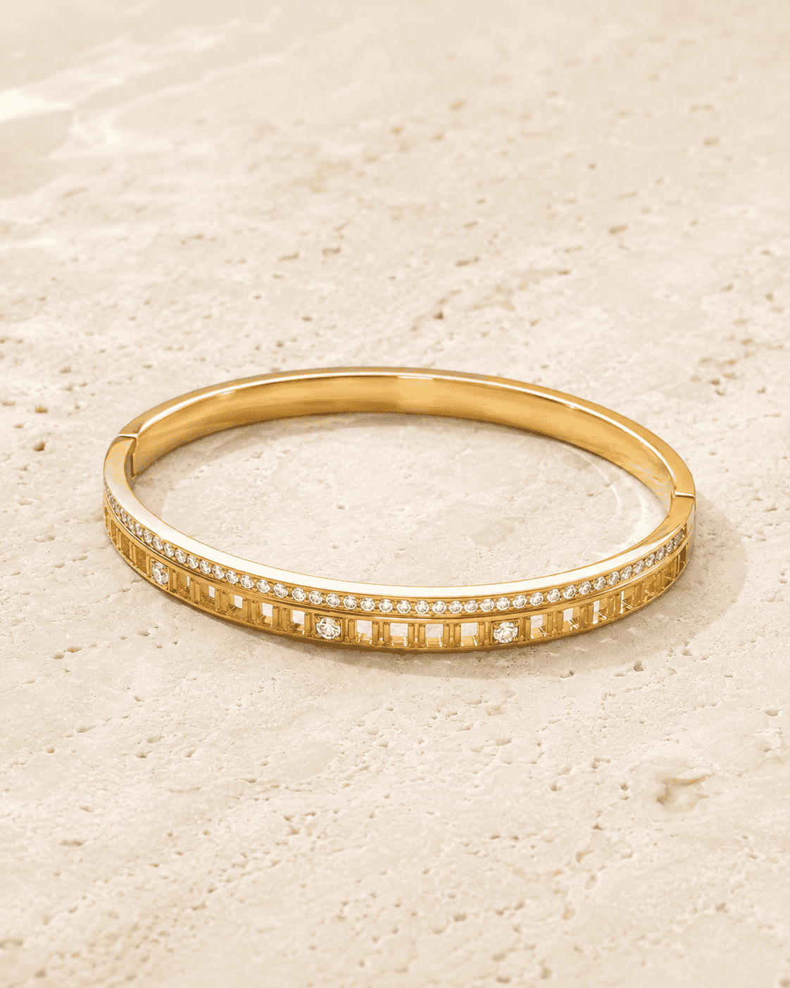 The Golden Highway Pavé Bangle — Gold Plated Golden Linea Bangle by House of Zena, worn on model