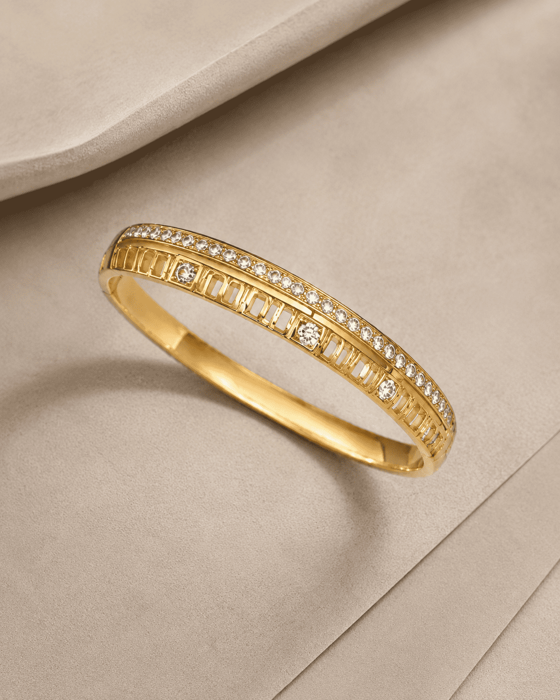 The Golden Highway Pavé Bangle — Gold Plated Golden Linea Bangle by House of Zena, side angle