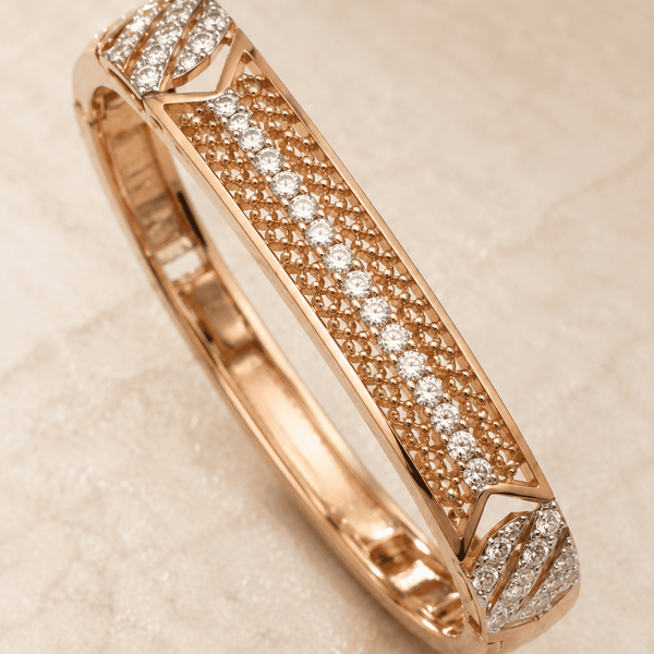The Cleopatra Royal Filigree Cuff — Gold Plated Royale Bangle by House of Zena, styled on model — Anti-Tarnish Waterproof Jewellery | House of Zena