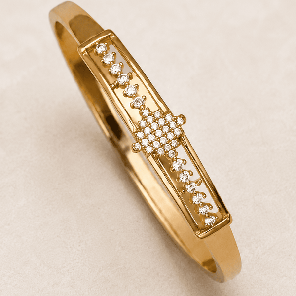 The Minimalist Horizon Bar Cuff — Gold Plated Bar Bangle by House of Zena, styled on model — Anti-Tarnish Waterproof Jewellery | House of Zena