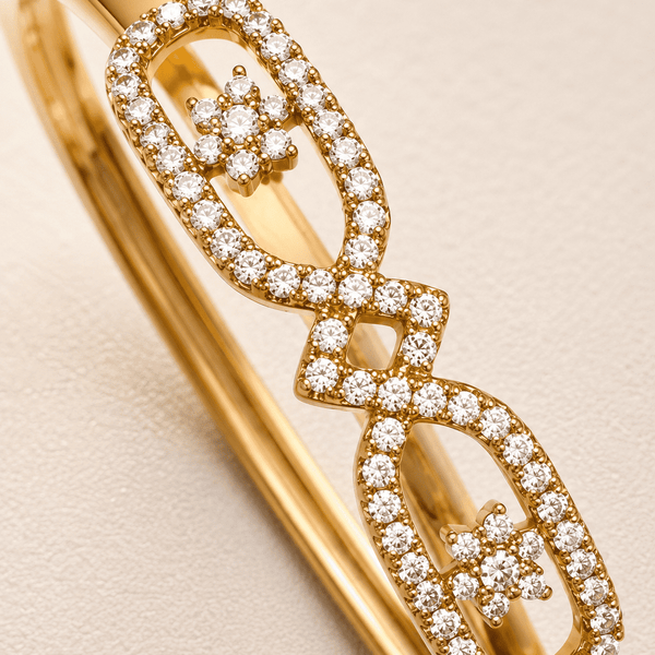 The Lucky Four-Leaf Clover Bangle — Gold Plated Duo Clover Bangle by House of Zena, styled on model — Anti-Tarnish Waterproof Jewellery | House of Zena