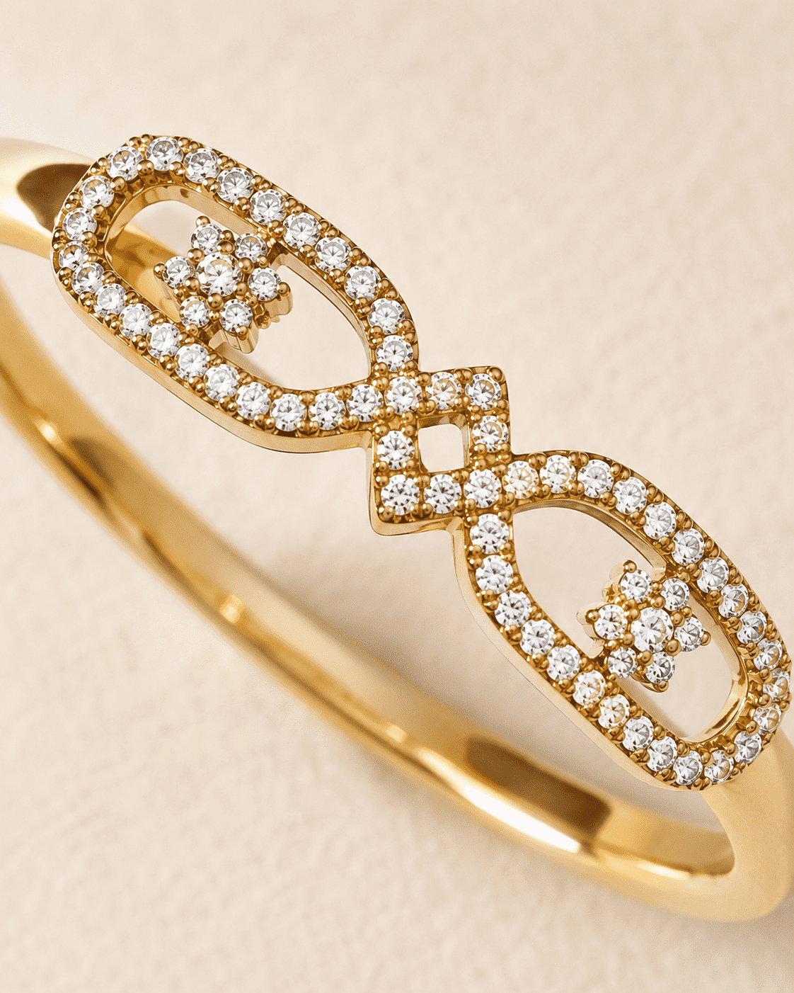 The Lucky Four-Leaf Clover Bangle — Gold Plated Duo Clover Bangle by House of Zena, close-up detail