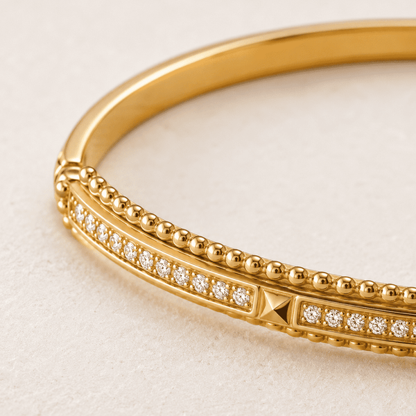 The Caviar Bead Bangle — Gold Plated Studline Bangle by House of Zena, styled on model — Anti-Tarnish Waterproof Jewellery | House of Zena