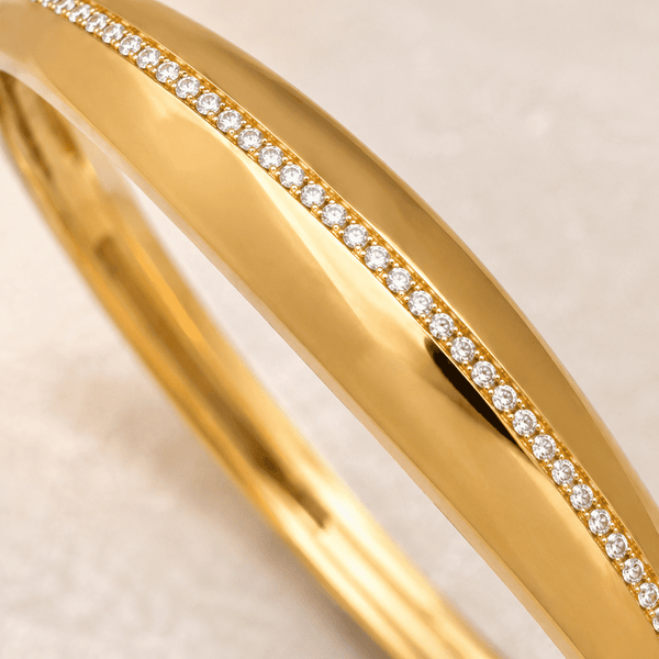 The Date Night Solitaire Bangle — Gold Plated Linea Bangle by House of Zena, styled on model — Anti-Tarnish Waterproof Jewellery | House of Zena